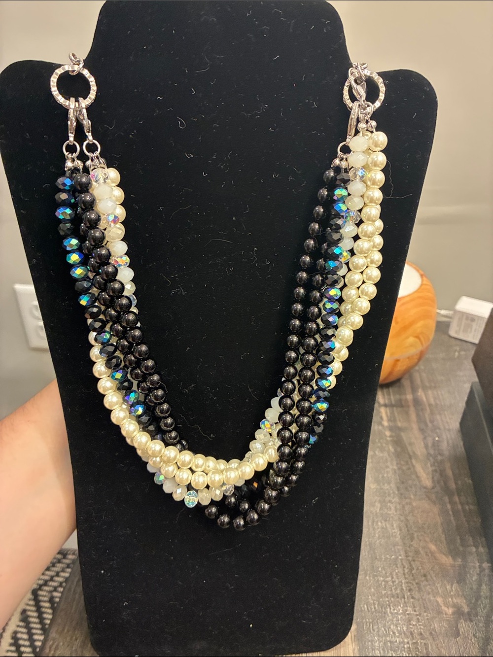 Premier Designs Multi-Strand Black, Cream & Iridescent Beaded Necklace